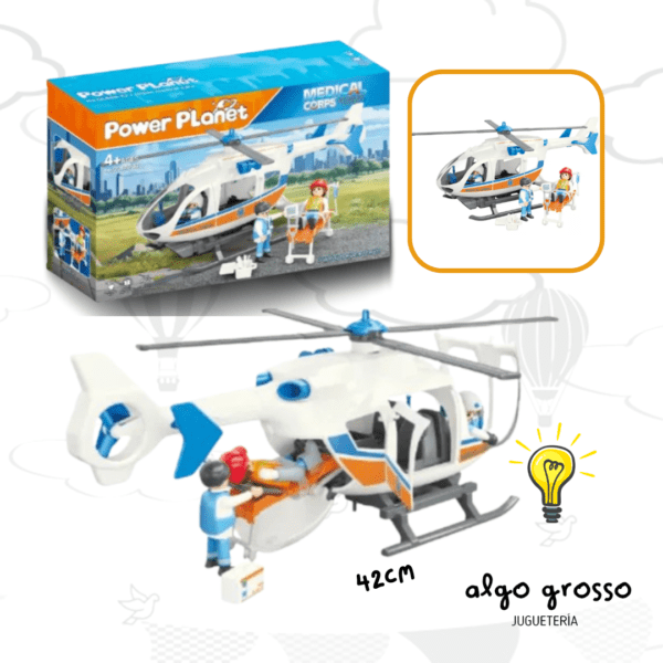 SET RESCATISTAS MEDICO CON HELICOPTERO CON LUZ POWER PLANET art.NA201780