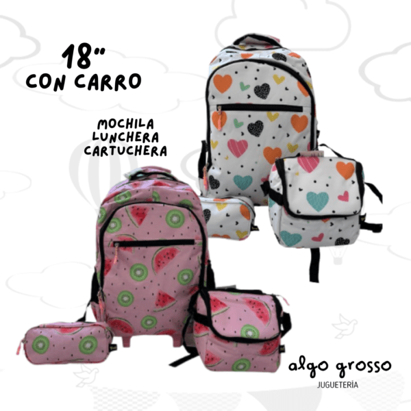 SET MOCHILA CARRO 18" + CARTUCHERA + LUNCHERA TERMICA art.A201335