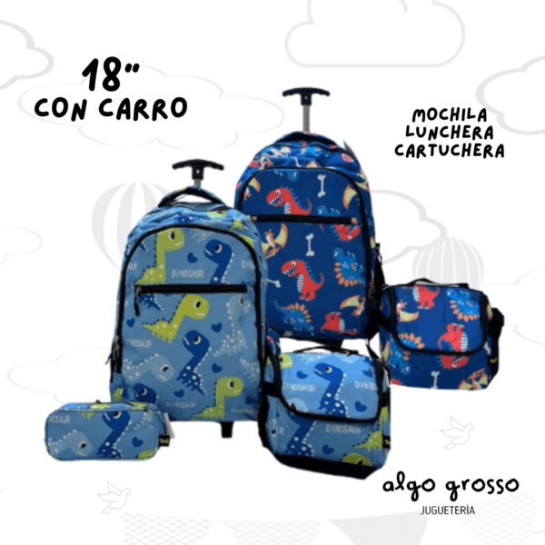 SET MOCHILA CARRO 18" + CARTUCHERA + LUNCHERA TERMICA art.A201340