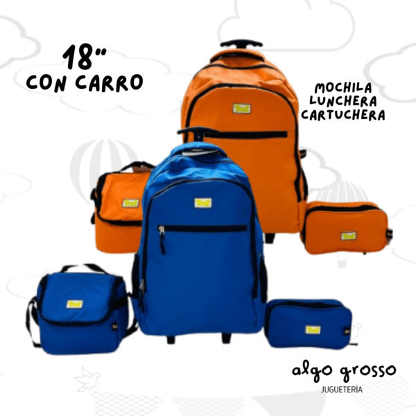 SET LISO MOCHILA CARRO 18" + CARTUCHERA + LUNCHERA TERMICA art.A201345