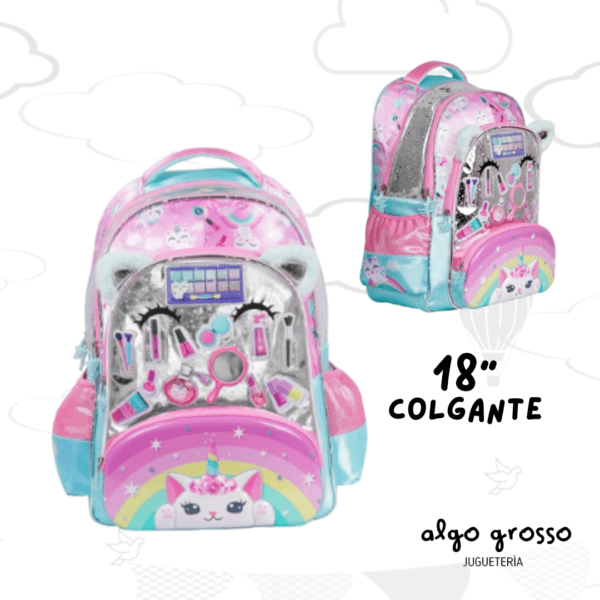 MOCHILA COLGANTE 18" FOOTY LED "GATO UNICORNIO MAQUILLAJE" ROSA art.F6333