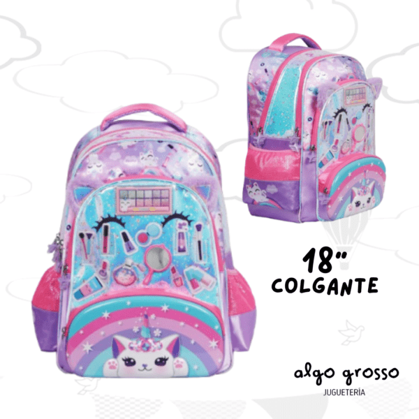 MOCHILA COLGANTE 18" FOOTY LED "GATO UNICORNIO MAQUILLAJE" LILA art.F6333