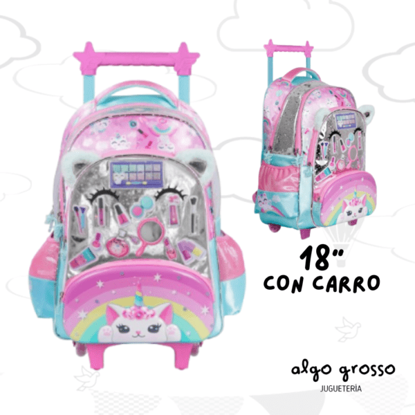 MOCHILA CARRO 18" FOOTY LED "GATO UNICORNIO MAQUILLAJES" ROSA art.F6331