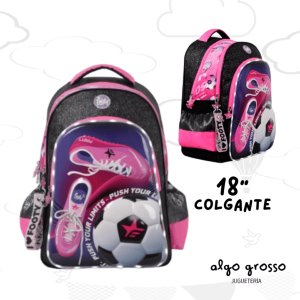 MOCHILA COLGANTE 18" FOOTY LED " BOTINES FUTBOL" NEGRA ROSA art.F6293