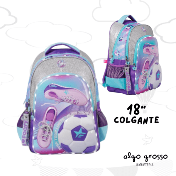 MOCHILA COLGANTE 18" FOOTY LED " BOTINES FUTBOL" LILA PLATA art.F6293