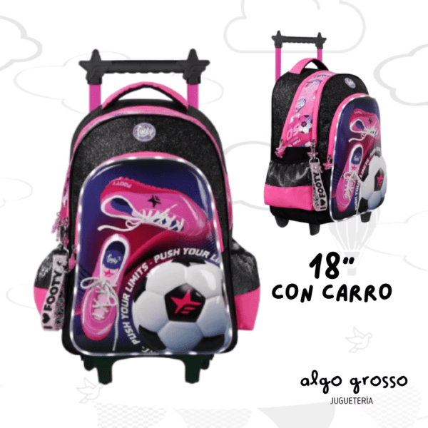 MOCHILA CARRO 18" FOOTY LED "´BOTINES FUTBOL" NEGRO Y ROSA art.F6291