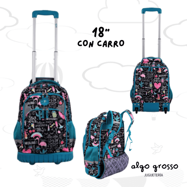 MOCHILA ELF CON CARRO 18" NEGRA DIBUJOS  - BASE DE GOMA 3 CIERRES art.6451A